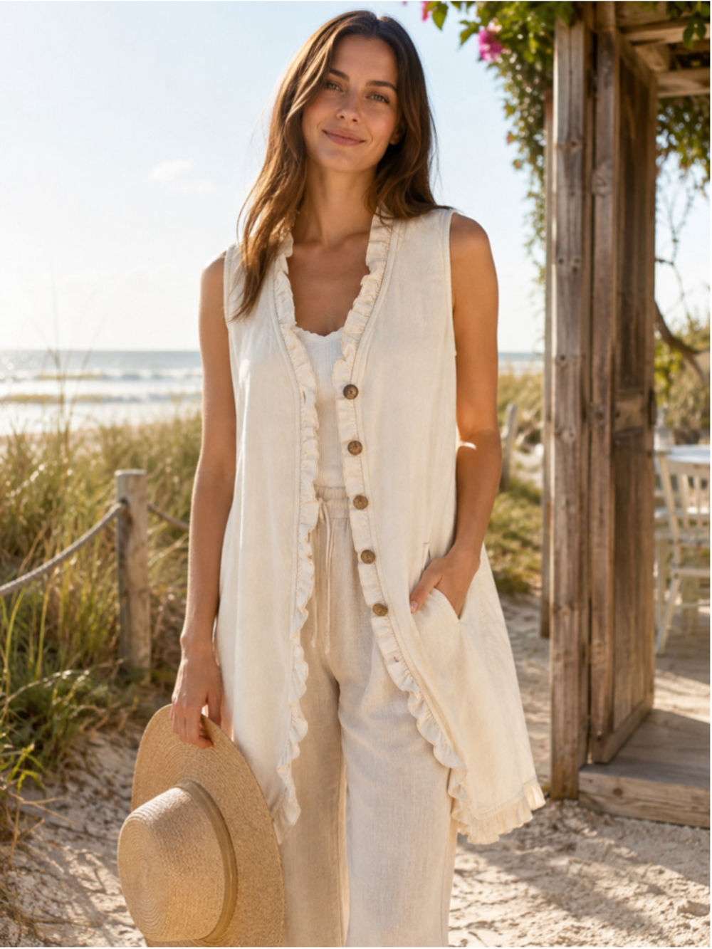 April Cornell Women S NWT Beach Cover Up Linen Ruffle Cottagecore Coastal Cream